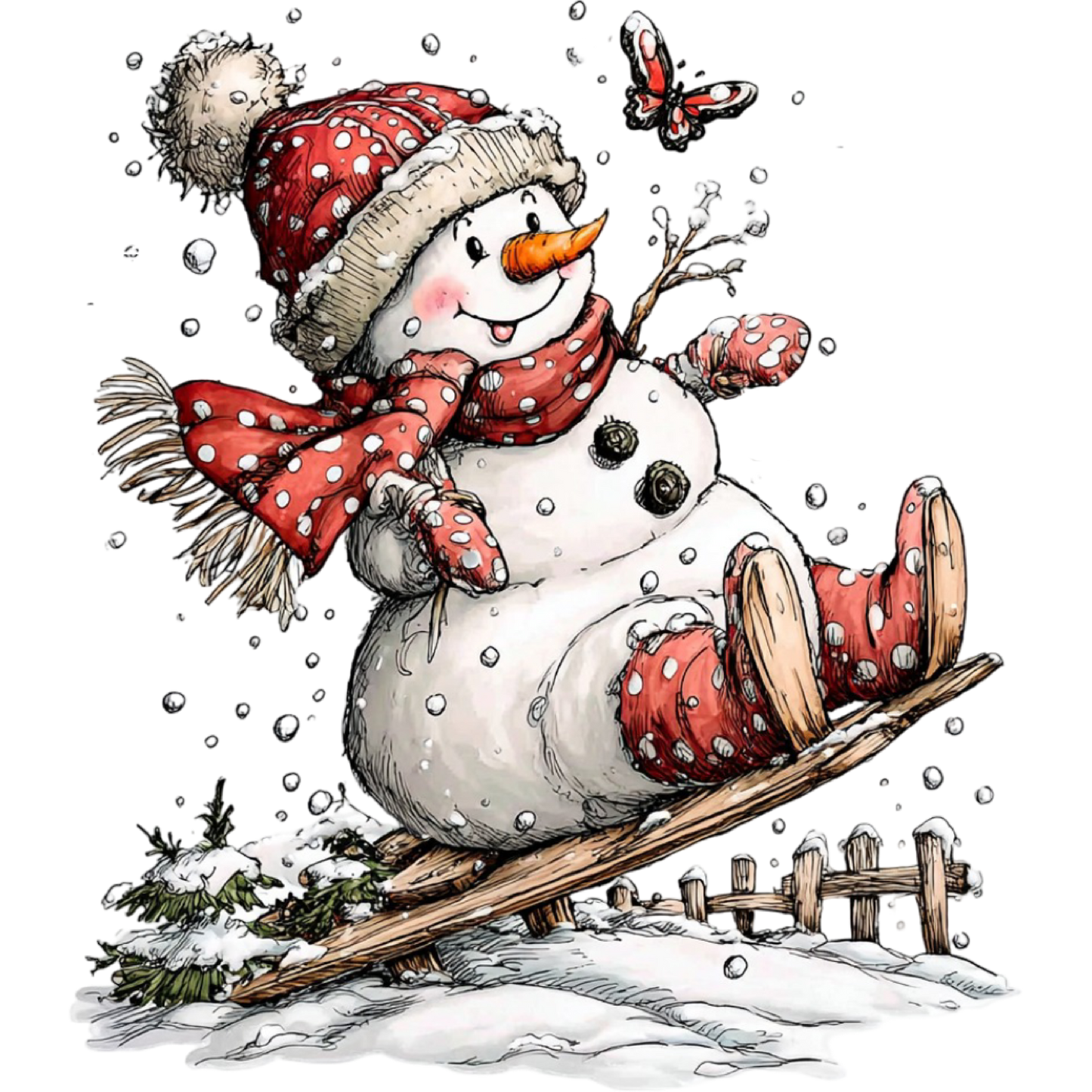 Happy Snowman on Sled with Winter Accessories Art
