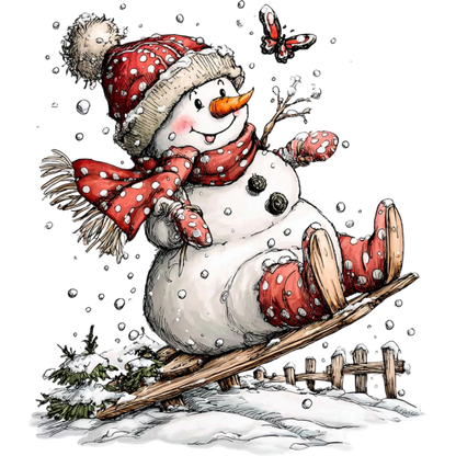 Happy Snowman on Sled with Winter Accessories Art