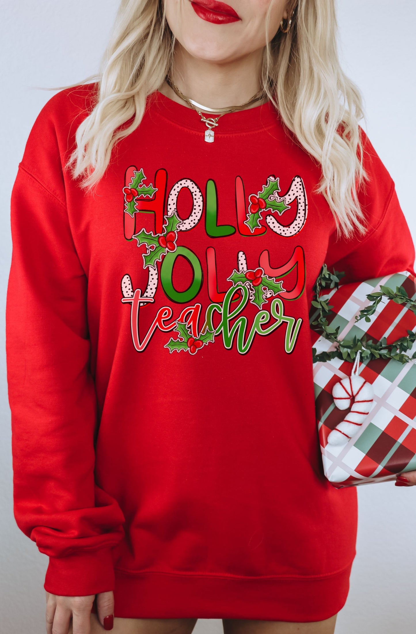 Holly Jolly Teacher Festive Holiday Crewneck Sweater
