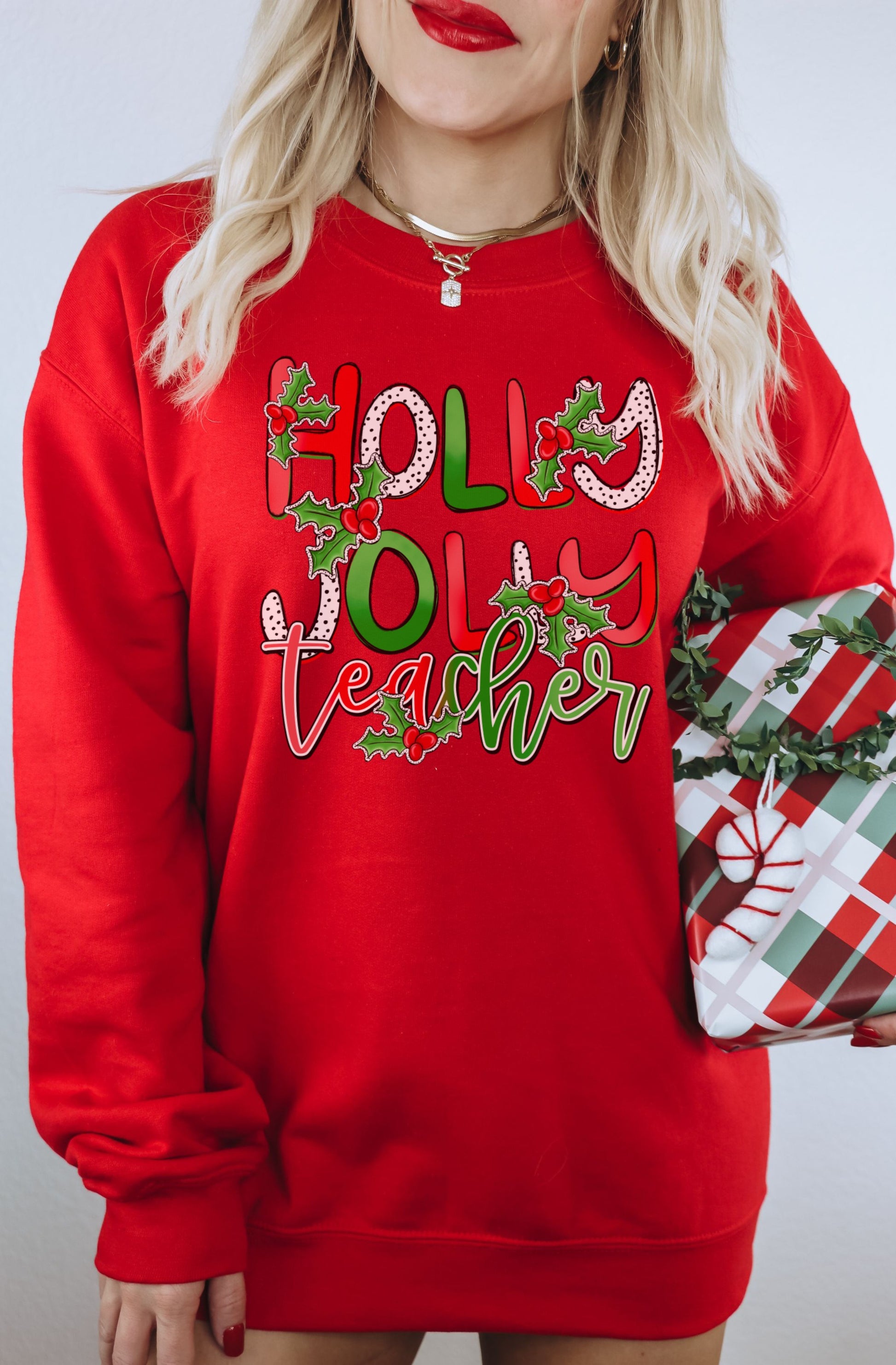 Holly Jolly Teacher Festive Holiday Crewneck Sweater