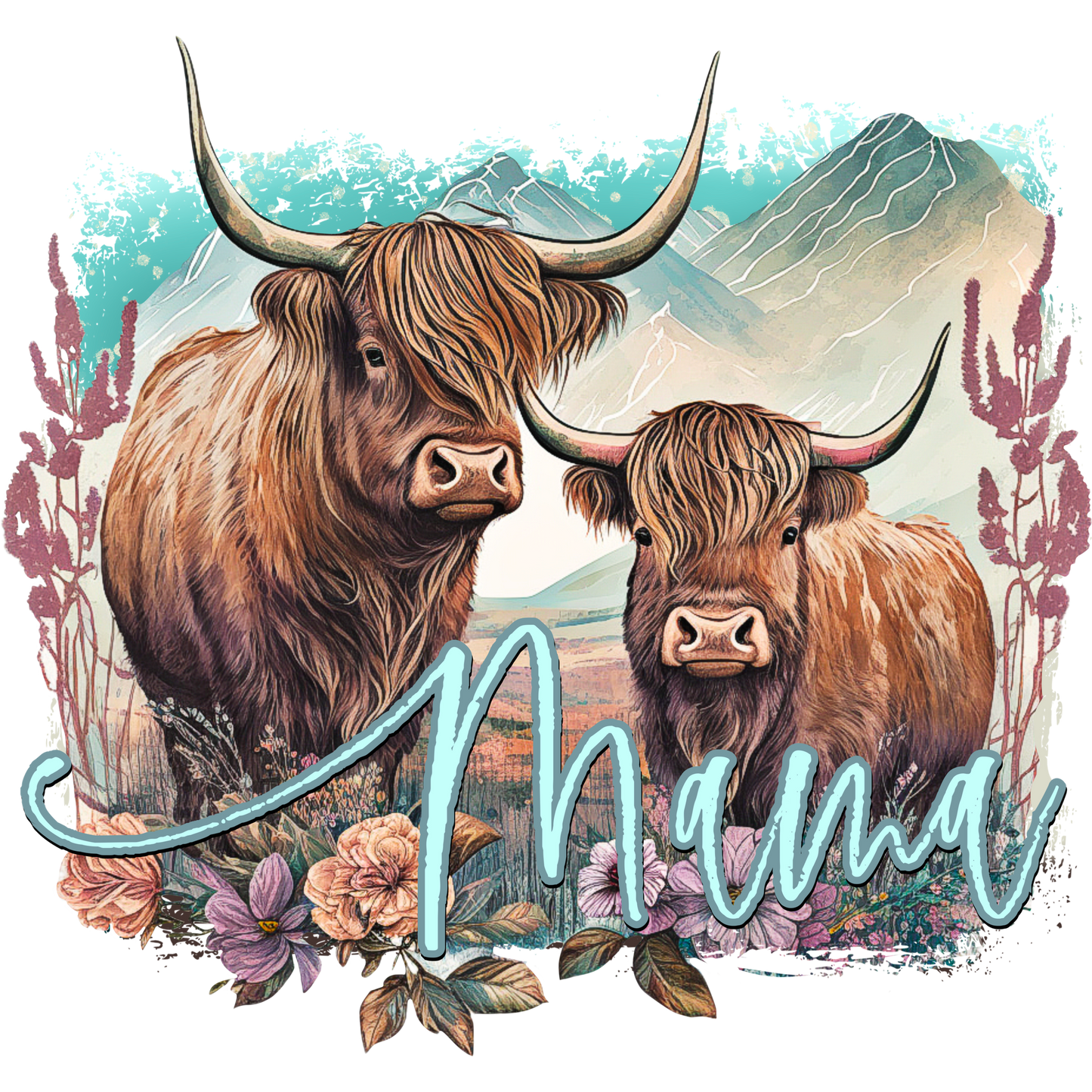 Highland Cows with Mama Text Pastoral Scene Print