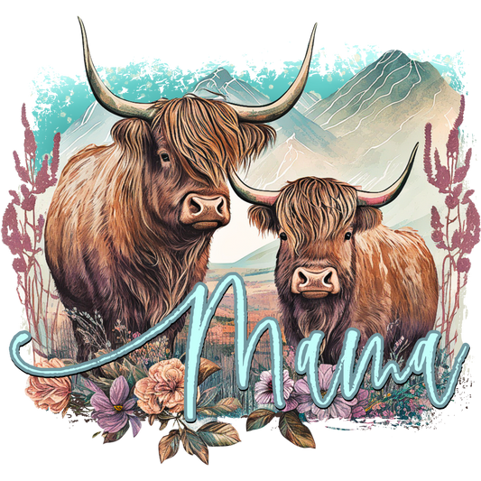 Highland Cows with Mama Text Pastoral Scene Print